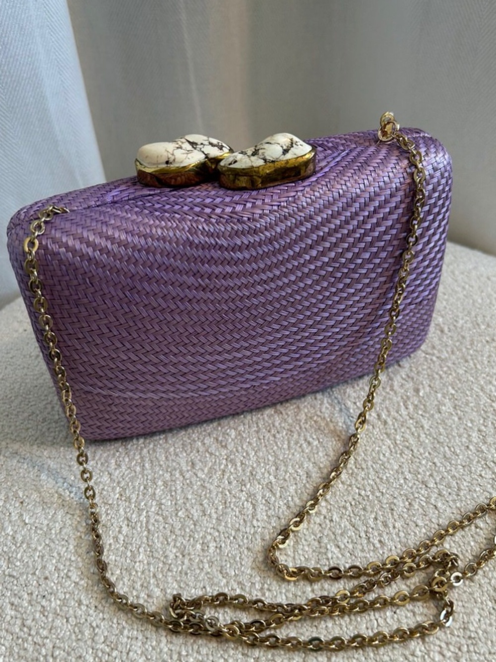 Kayu Lavender Woven Clutch with Detachable Chain Strap & Stone Closure